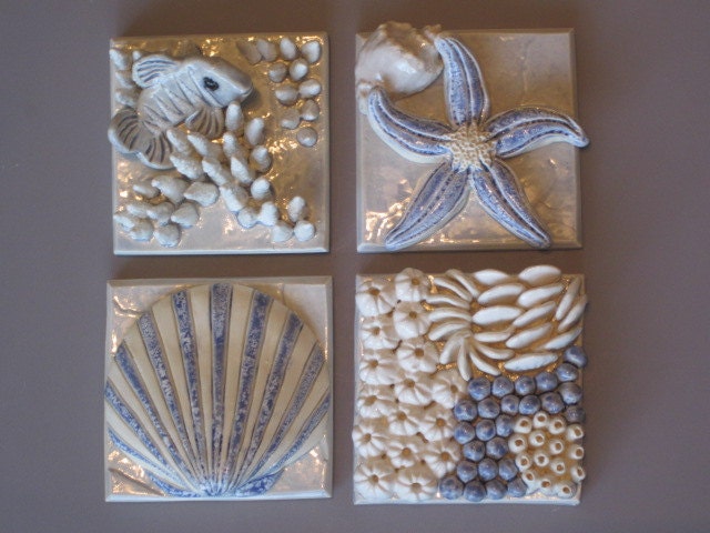 Slate Anchored Coral Reef Life, Slate, Ceramic Starfish, Mixed Coral, Fish & Seashell  Clay wall sculpture, Beach Art