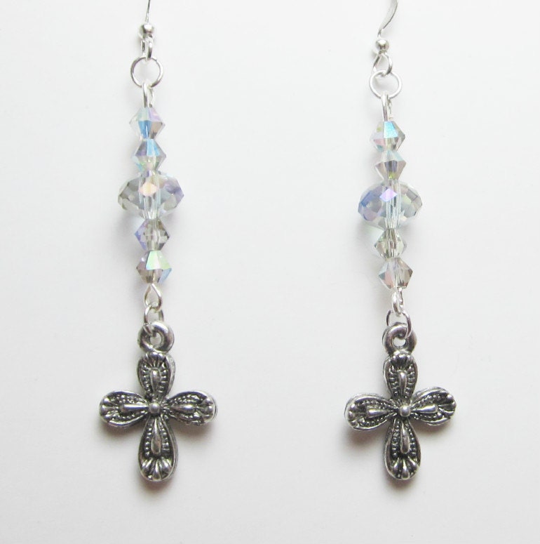 Silver Aurora Borealis Swarovski Bicone and Cross Charm Earrings Dangle