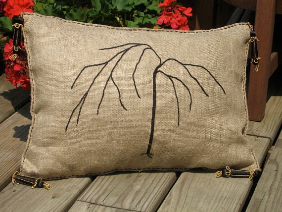 hand embroidered pillow 18" ( coral, olives, tassels , tree ) - creativedesignsstore