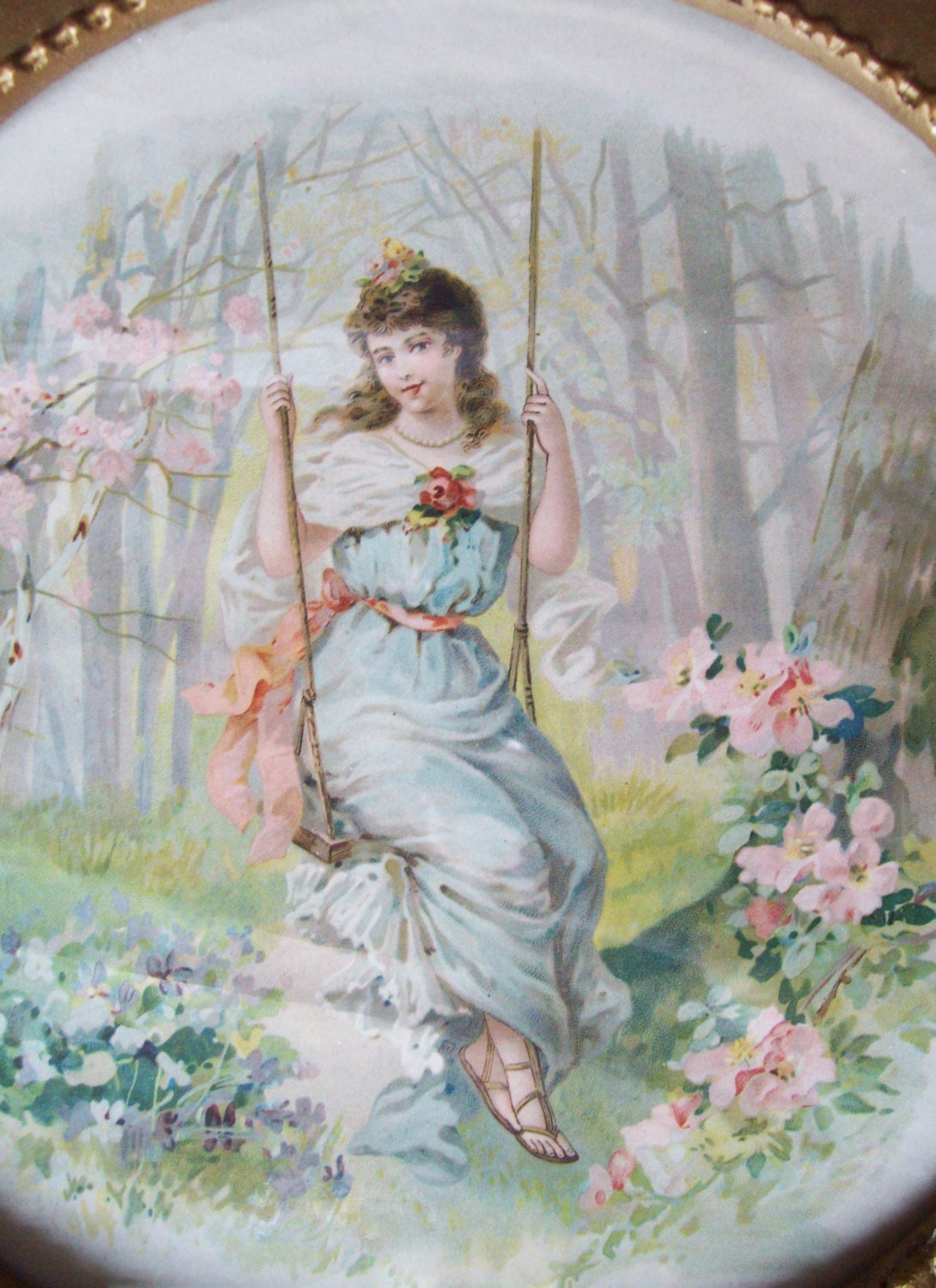 vintage french barbola frame with victorian lady woman art print pink roses shabby chic decor