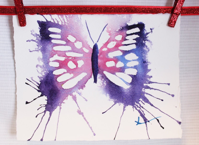 5X7 Original Watercolor Kids Decor Art Wall Art- Home Decor-Red Purple Butterfly- FREE SHIPPING
