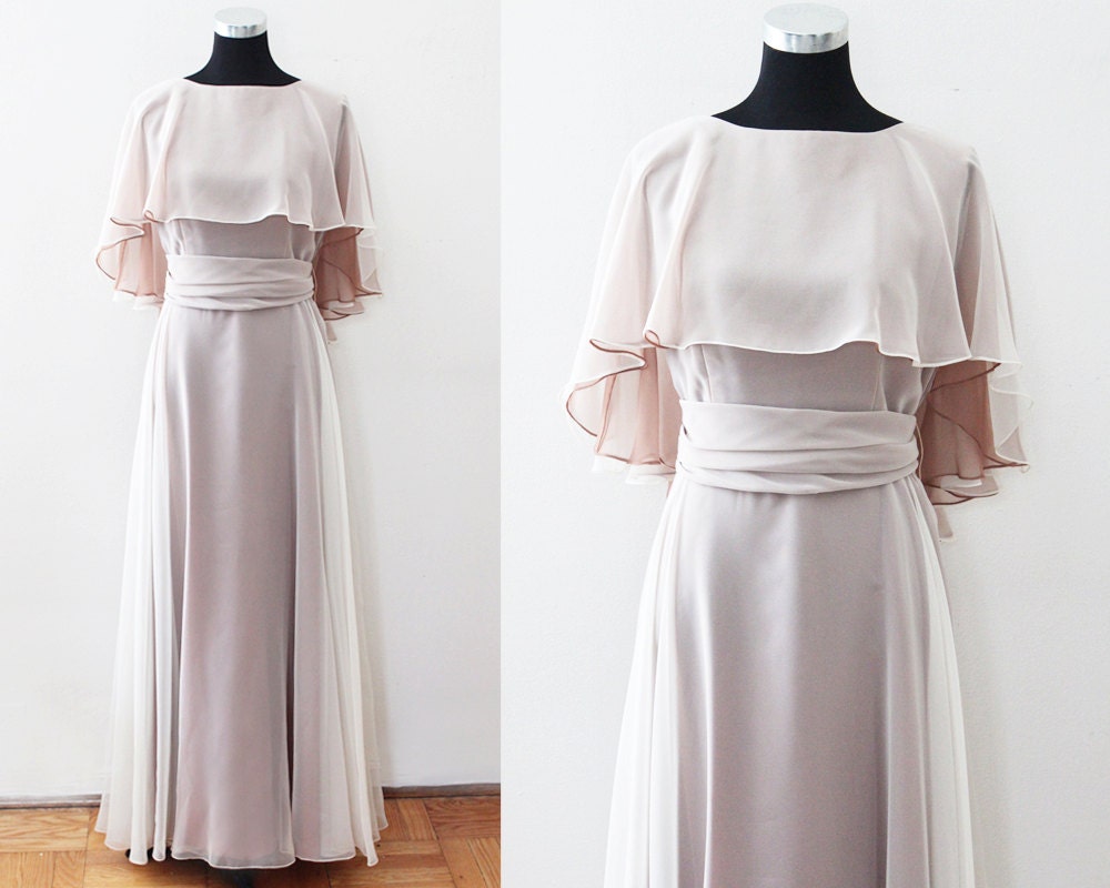Vintage Evening gown, Dress, Sheer overlay dress, Cape overlay, butterfly sleeves, Vintage Bride FREE SHIPPING