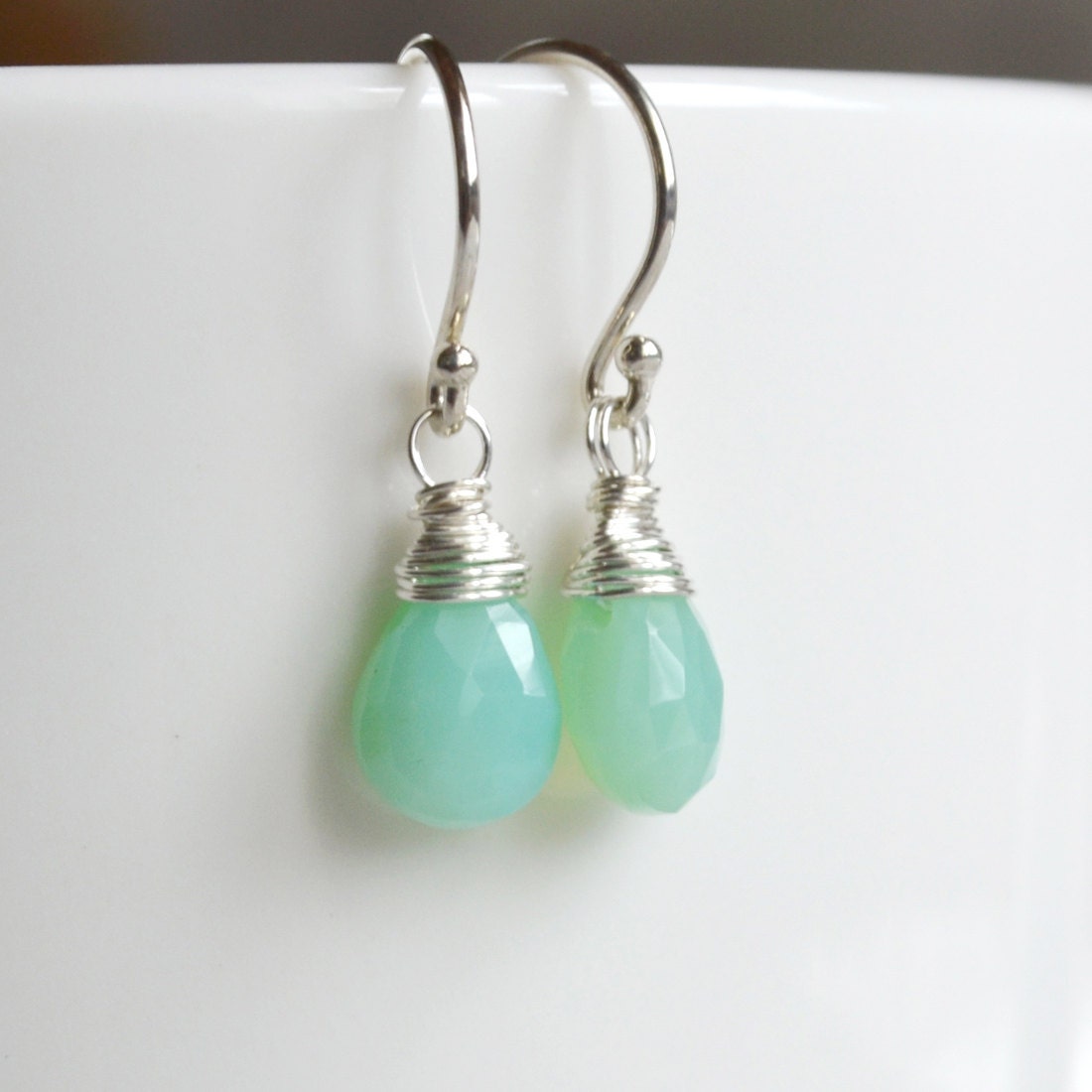 Simple Peruvian Opal Chalcedony Earrings, Wired Wrapped, Argentium Sterling Silver Hoops,  Gift Under 25