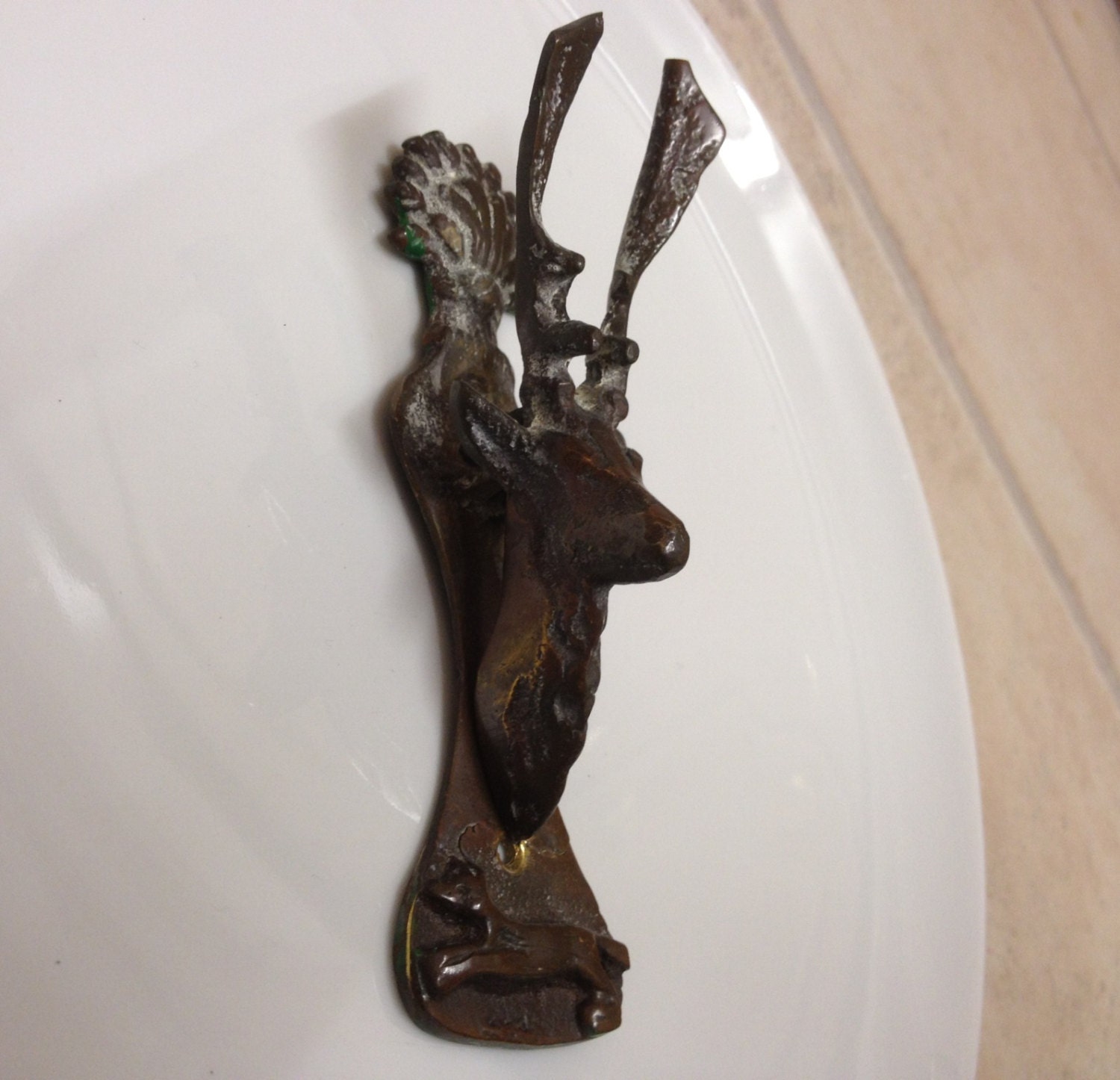 Vintage Worn Brass Stag Head Door Knocker