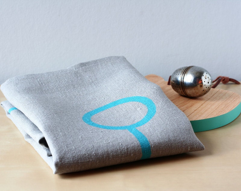 Teal anchor dishcloth - Grey linen tea towel with an anchor