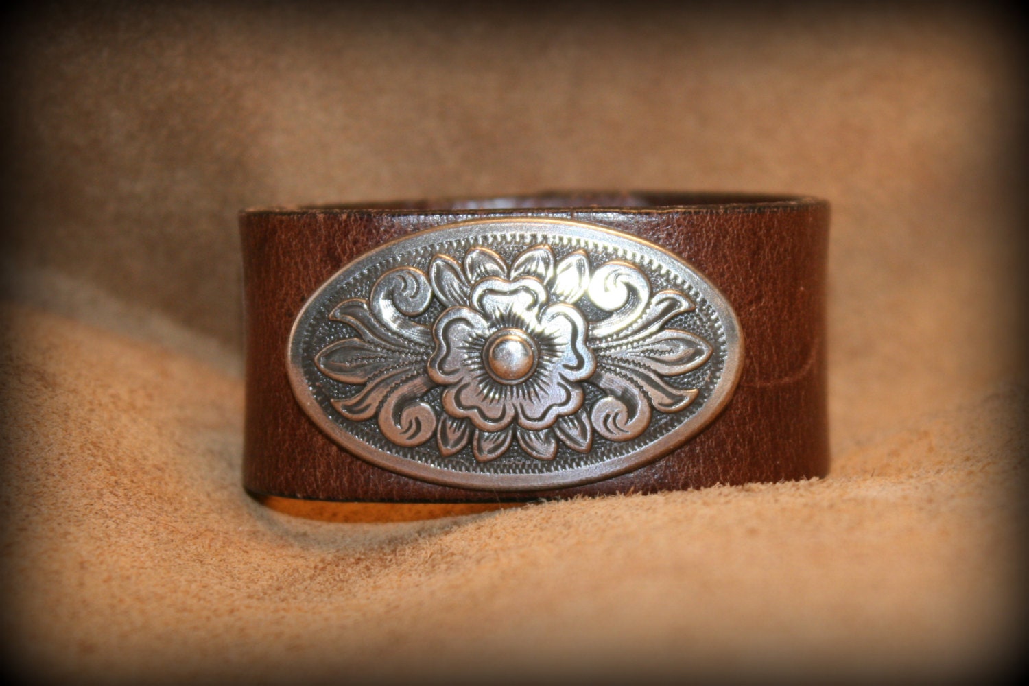 Handmade Leather Bracelet with Floral Concho