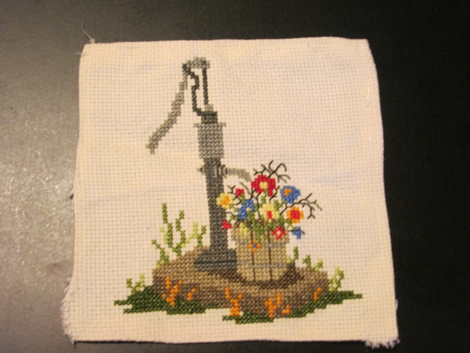 Cross-stitched hand water pump square
