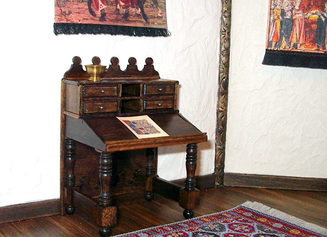 Gothic Desk, Writing Table, Medieval Dollhouse Miniature 1/12 Scale