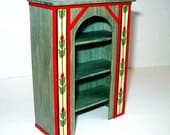Folk Art Cupboard, Wood Inlay, Dollhouse Miniature 1/12 Scale, Green