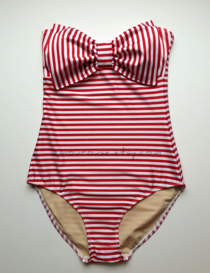Striped Lycra Swim Fabric Tank Suit with Padding and Bow