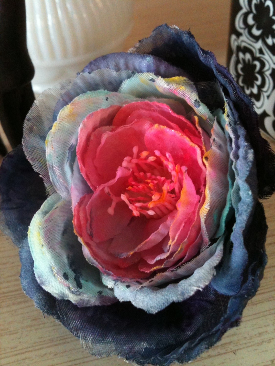 Faux Flower Hair Clip Hand Painted Pink Aqua Teal Violet Navy