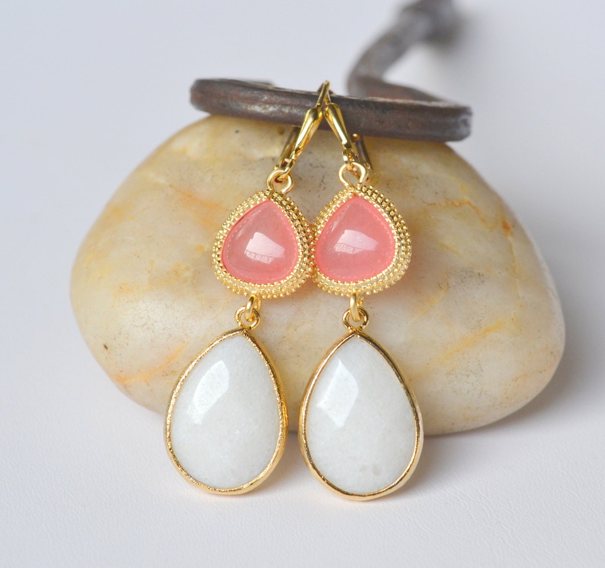 Coral Pink Teardrop and Large White Teardrop and Dangle Jewel Earrings. Coral Bridesmaid Earrings. Coral and White Earrings. Free Shipping.