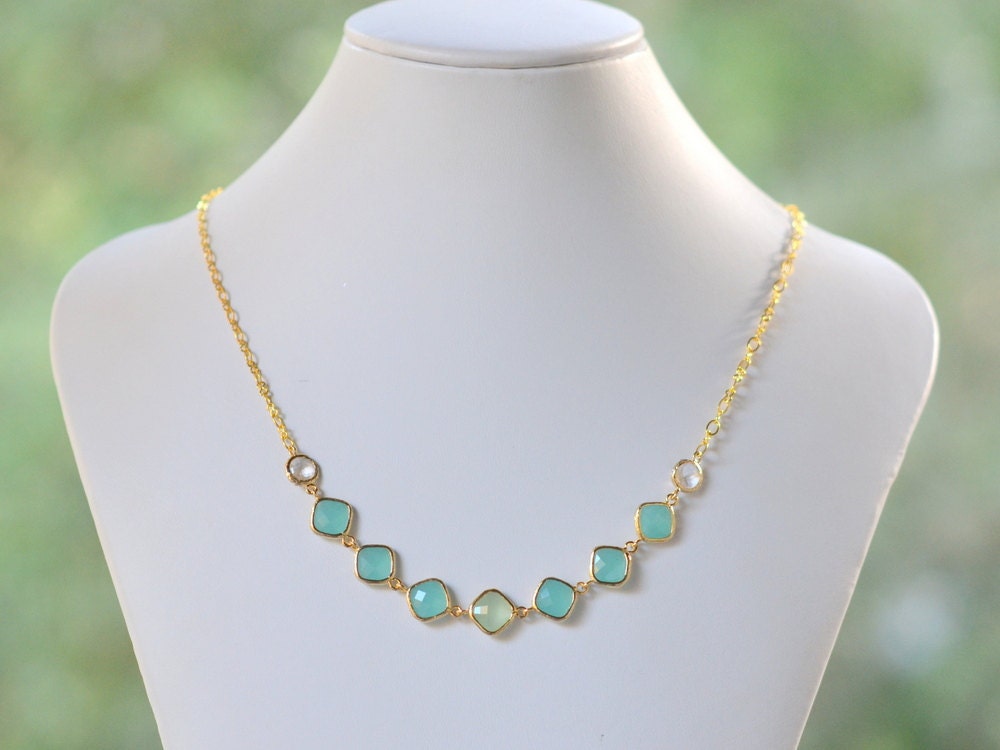 Fashion Jewel Statement Necklace in Shades of Turquoise and Mint. Gold Jewel Fashion Jewelry. Bridal Party Jewelry.