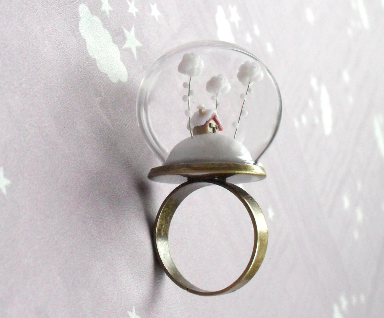 Christmas Ring Snow-covered landscape-Little house and white clouds- Winter Terrarium ring.