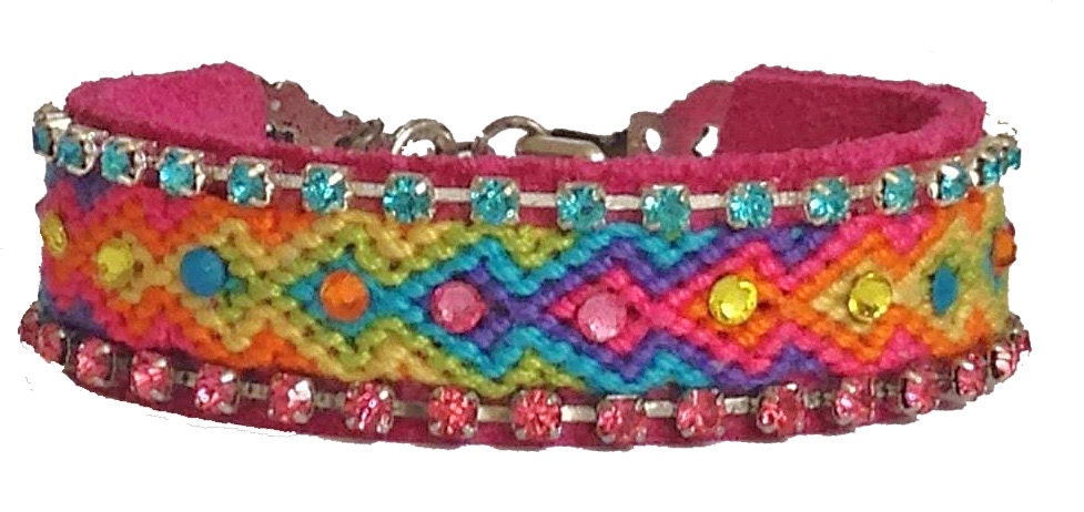 Boho Hot Pink, Turquoise, Purple, Yellow Woven Friendship Bracelet - Adorned with Gorgeous Rhinestone Cup chain on Hot Pink Suede