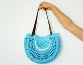 Turquoise summer bag- Handbag Celebrity Style With Genuine Leather Straps / Handles shoulder bag-crochet bag-hand made