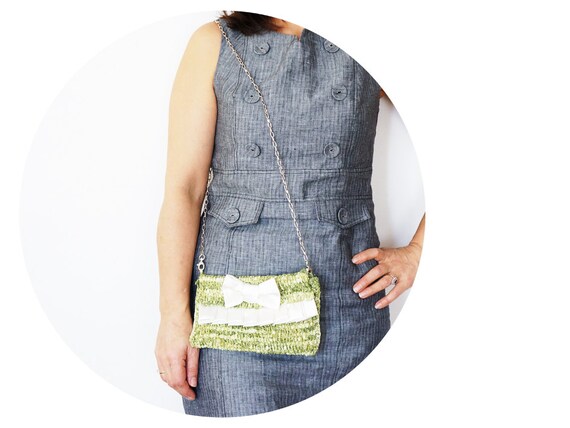 Green Clutch with satin bow and ruffles with removable light-wheight chain