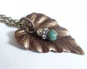 turquoise stone necklace brass woodland leaf necklace statement jewelry