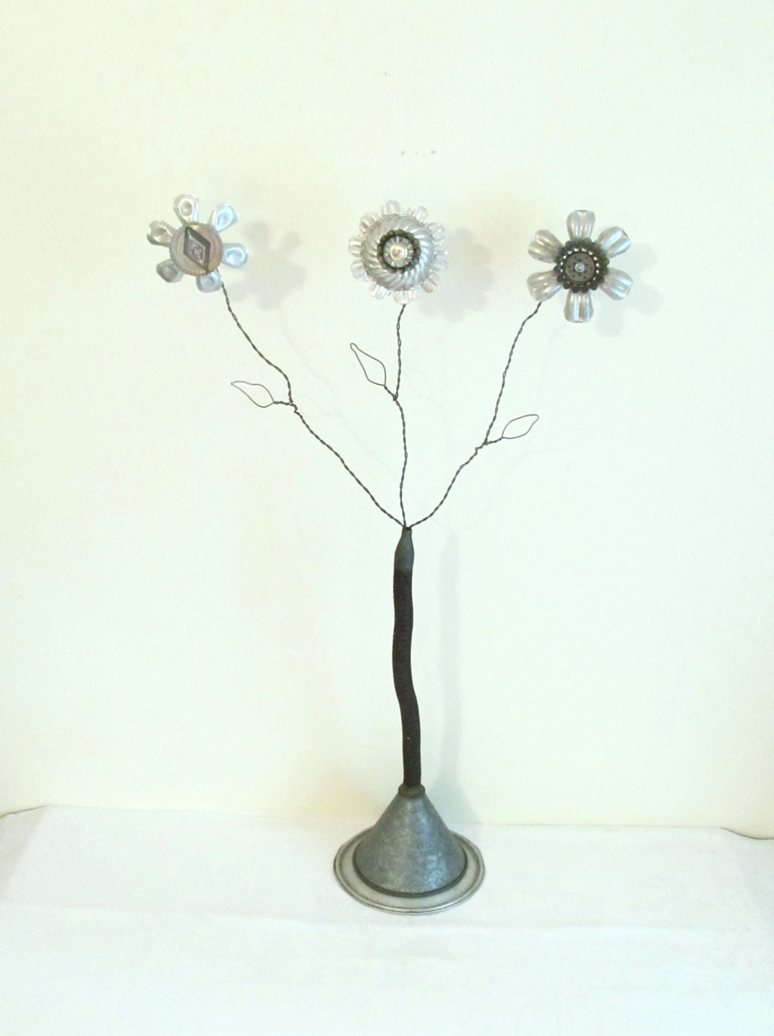 Industrial Art: Vintage Metal Collage Flower Bouquet Upcycled Using Gooseneck Funnel, Tin Kitchen Molds and Wire