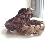 Taupe and Chocolate Leather Bracelet Cuffs in Braided Leather and Beading. Set of Two.