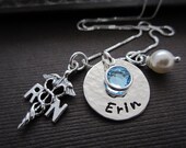 RN/ LPN Nurse, Nurse Necklace, Nurses Jewelry, Hand Stamped Gift w/ Necklace in Sterling Silver, RN Charm custom Birthstone and Pearl