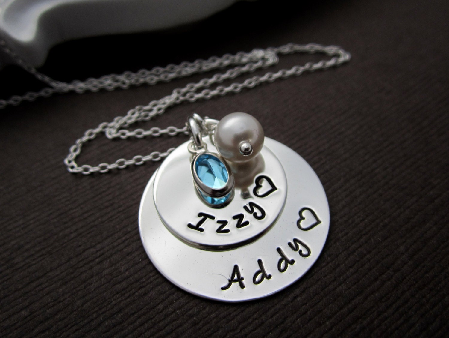Personalized young Mom Necklace, Baby Name Necklace, Custom Birthstone, Birthdate, Hand Stamped Jewelry