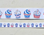 patriotic nautical red, white and royal blue cupcakes on white 3/8" & 7/8" grosgrain ribbon- 4th of july