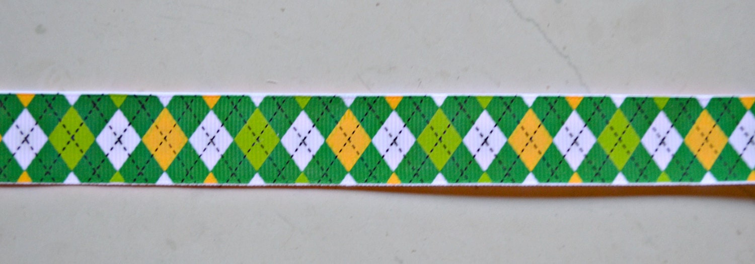 Green and yellow argyle on white 7/8" grosgrain ribbon- St Patricks day Oregon Ducks Il_570xn