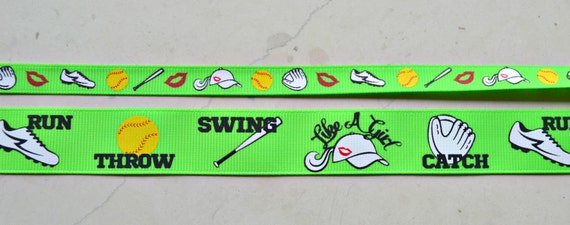 Swing like a girl softball on acid green 3/8" and 7/8 inch grosgrain ribbon Il_570xn