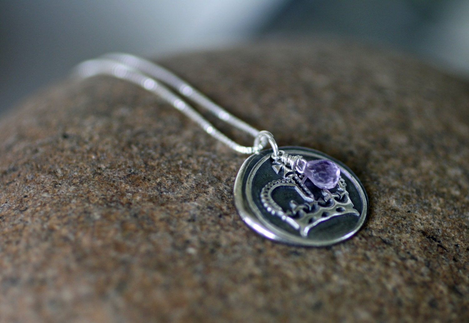 Fine silver wax seal stamp necklace - Crown charm with amethyst
