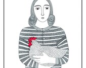 10" x 8" Drawing Print Illustration Art Woman Holding Hen Animal Narrative Realistic Portrait Black And White Monochrome