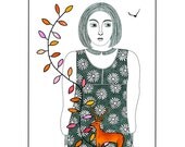 A4 Ink Drawing Art Illustration Print Woman Detailed Deer Golden Pink Black White Monochrome