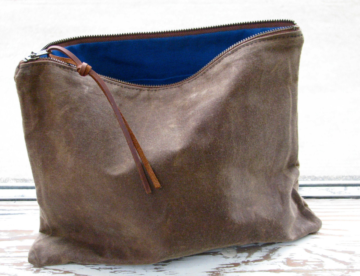 W A X E D . C A N V A S  / / / The Traveler Clutch / / /  oversized zipper pouch in dark brown waxed canvas