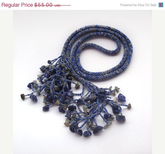SUMMER SALE Blue denim beads crochet rope necklace lariat  belt with sodalite beads- beaded jewelry- blue jewelry- beadwork