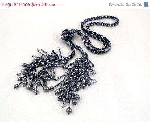 SUMMER SALE Beads crochet rope necklace lariat with hematite and pearl ,beaded jewellery ,seed beads jewelry ,boho necklace, beadwork