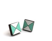 Mint & White Geometric Wooden Post Earrings - Laser Cut Wooden Mint, White Painted Geometric Stud Earrings