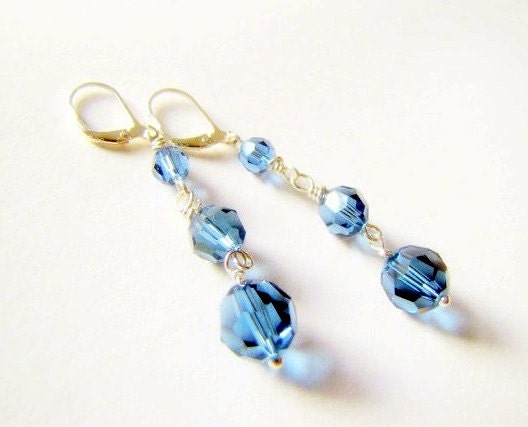 Swarovski Denim Blue Crystal Dangle Earrings Bead Drop Earrings Wedding Bridesmaids Jewelry For Her Under 25