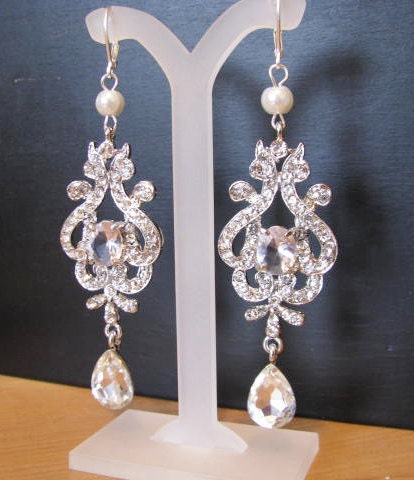Silver toned Rhinestone Earring Drops Bride Wedding Glamour Look Bridal wedding Jewelry