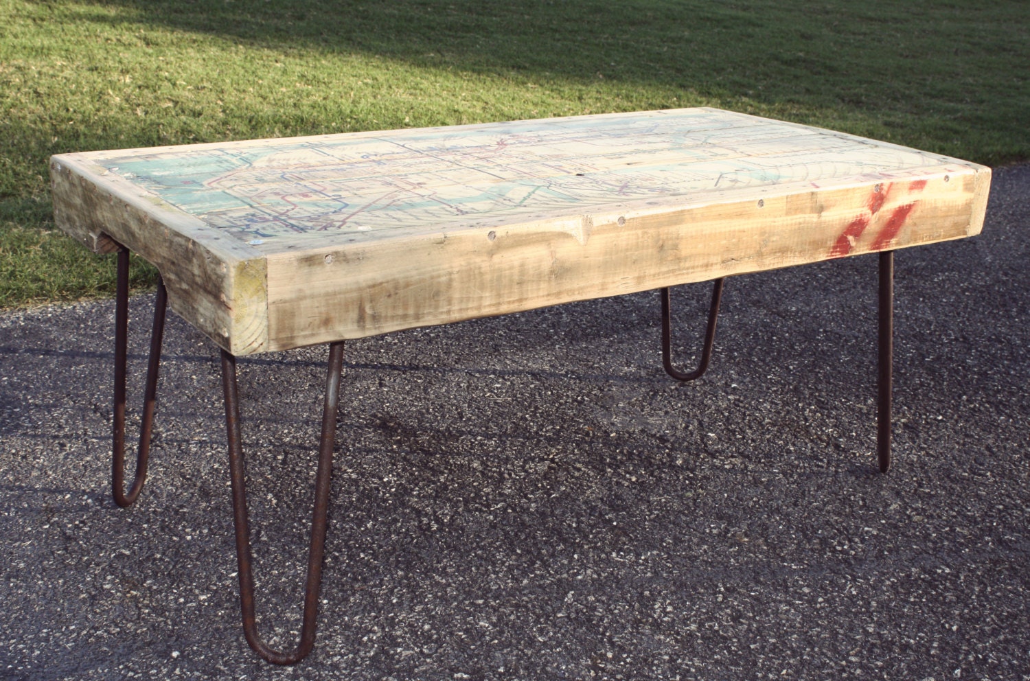NYC Subway Map Coffee Table Made from Pallet Wood and Hairpin Legs
