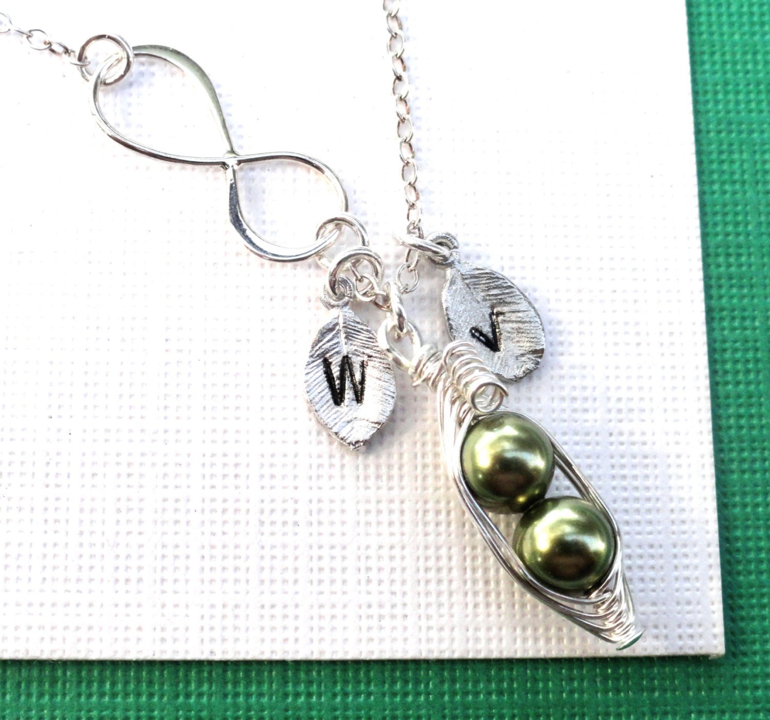 Personalized Silver Infinity peas in pod  Necklace - Sterling Silver - Monogrammed Leaves. Mother gift, sister gift, best friend gift.