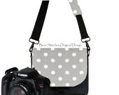 DSLR Padded Camera Bag, Women's Polka Dot Bag, Water Resistant, Camera Bag Pockets, Rain Rated Water Repellent Material, Gray Polka Dots