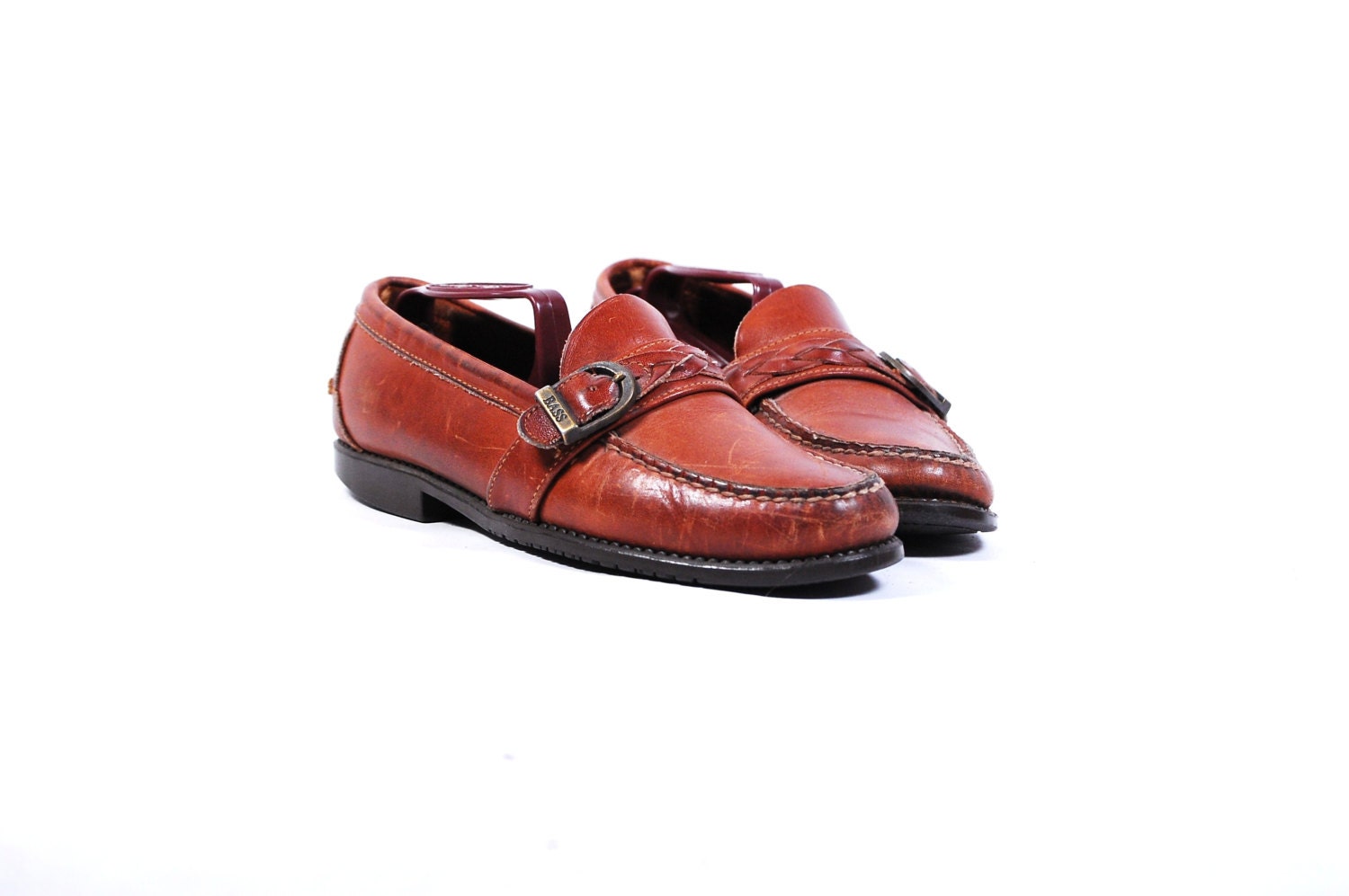 Vintage Womens US 7 1/2 M Bass Slip On Brown Leather Loafers Shoes With Braided Monk Strap