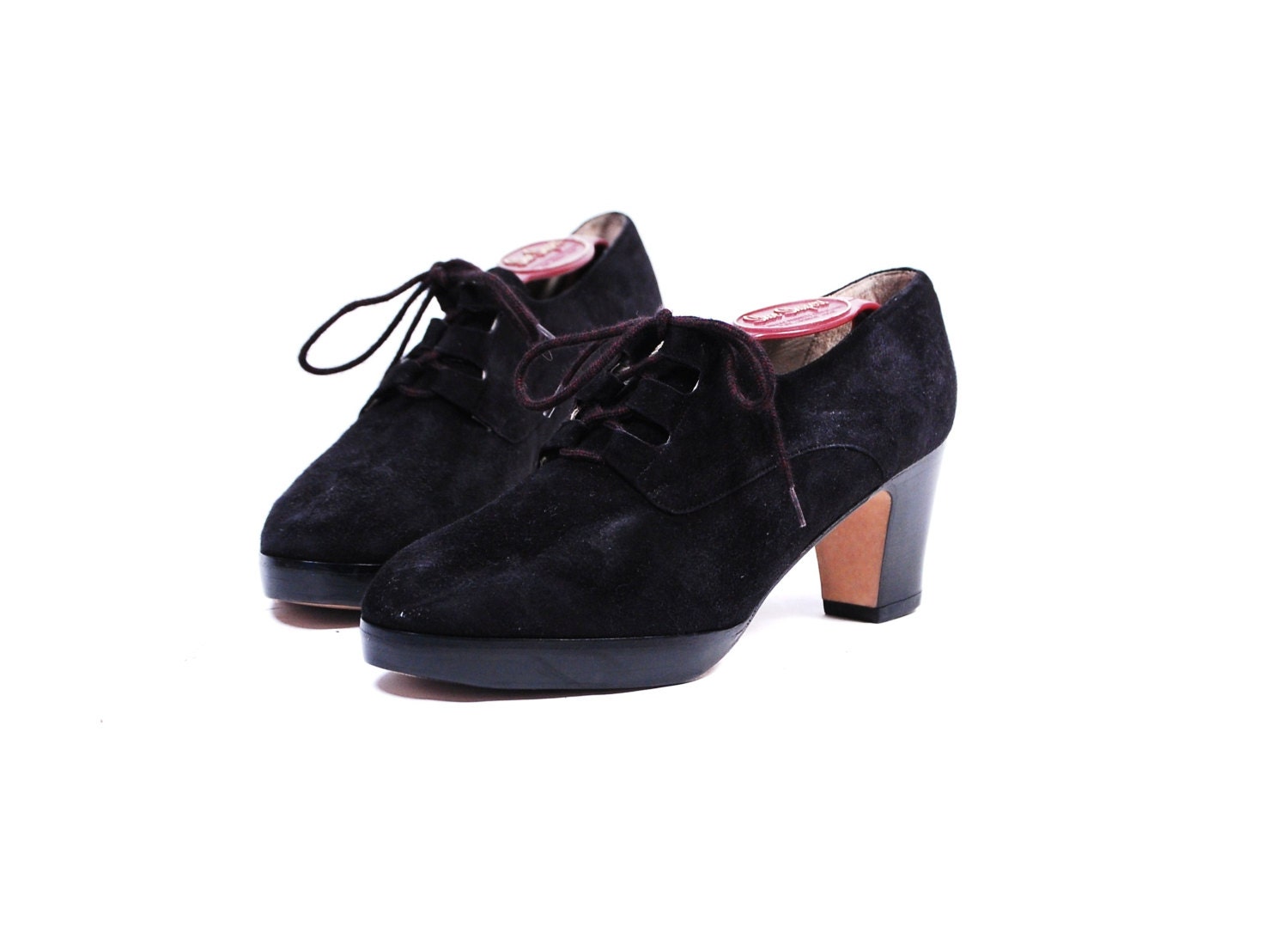 Vintage Womens US 7 1/2 M Black Suede Handmade Joan and David Lace Up Granny Pumps Shoes Heels Made In Italy