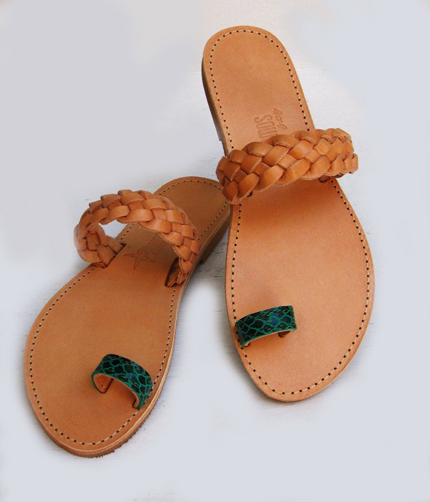 Handmade Greek Snadals - Natural leather with emerald green