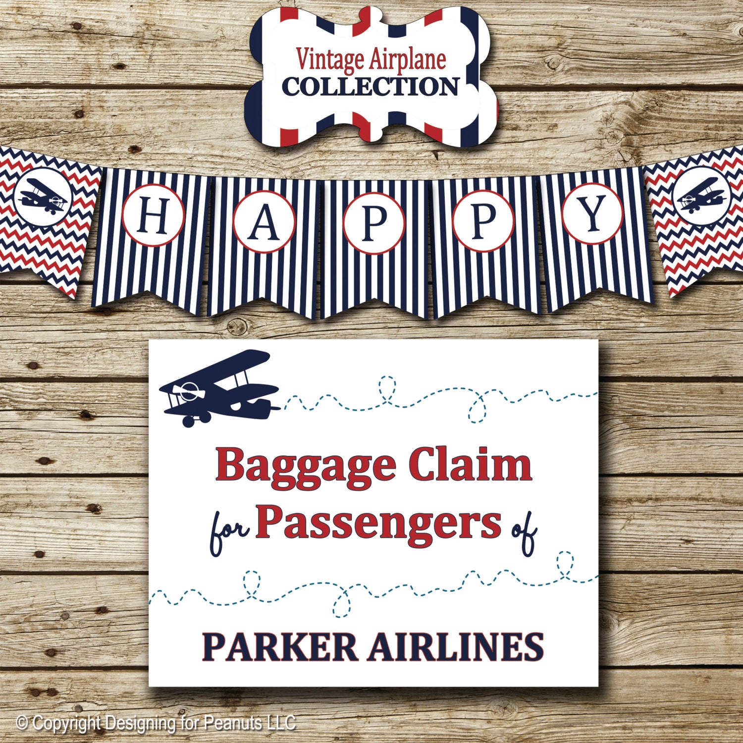 Vintage Airplane Printable Birthday Party Pack: invitation, thank you, banner, sign, party circles, favor tags, food/drink labels