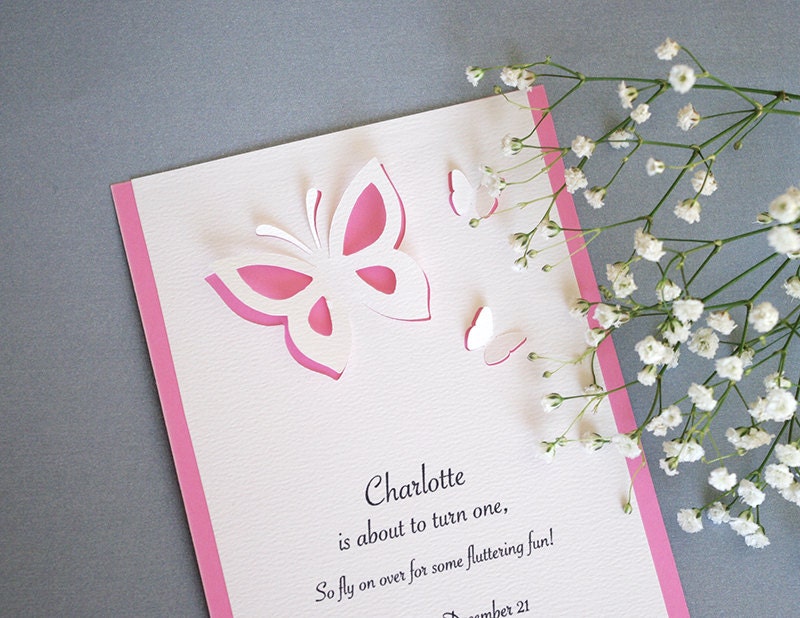 Wedding Invitations, Birthday, Baptism Invitation, Pink Butterflies, Baby Girl Party, Christening, Cutout, Scrapbook, Papercut by MamaTita
