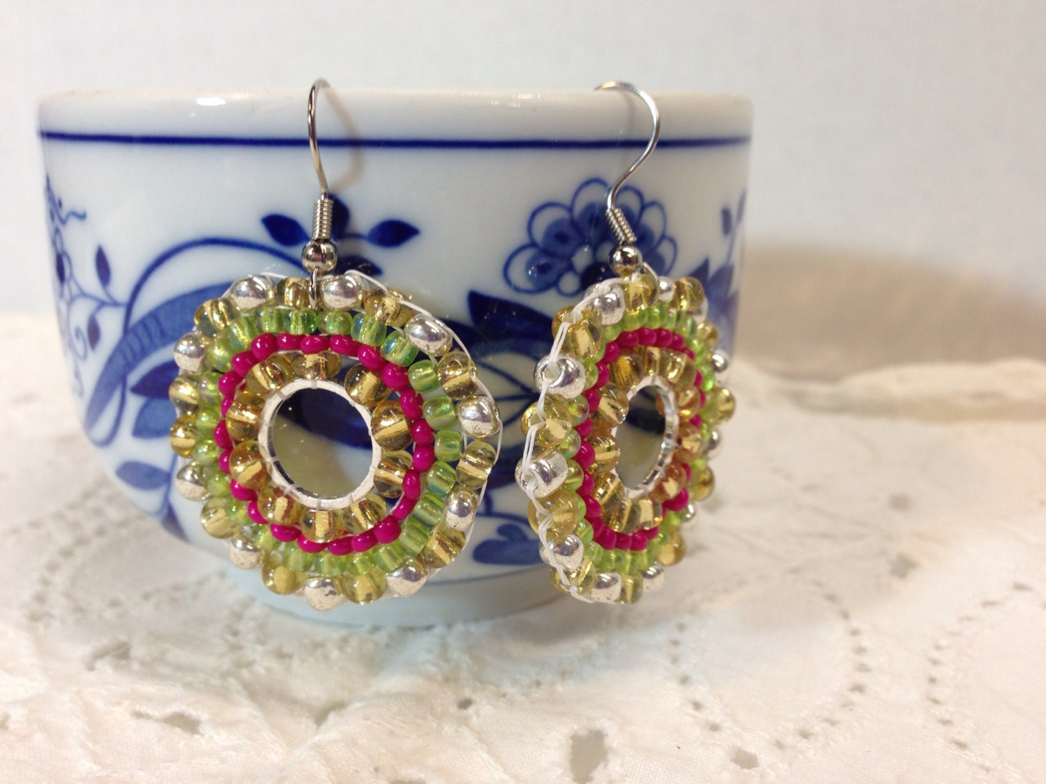 Yellow, pink and green beaded Earrings, Beadwork, Drop, Dangle, Handmade, Weddings, Bridal Accessories