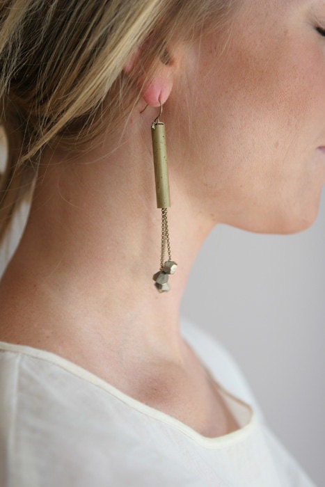 Faceted Pyrite and Vintage Brass Fringe Earrings