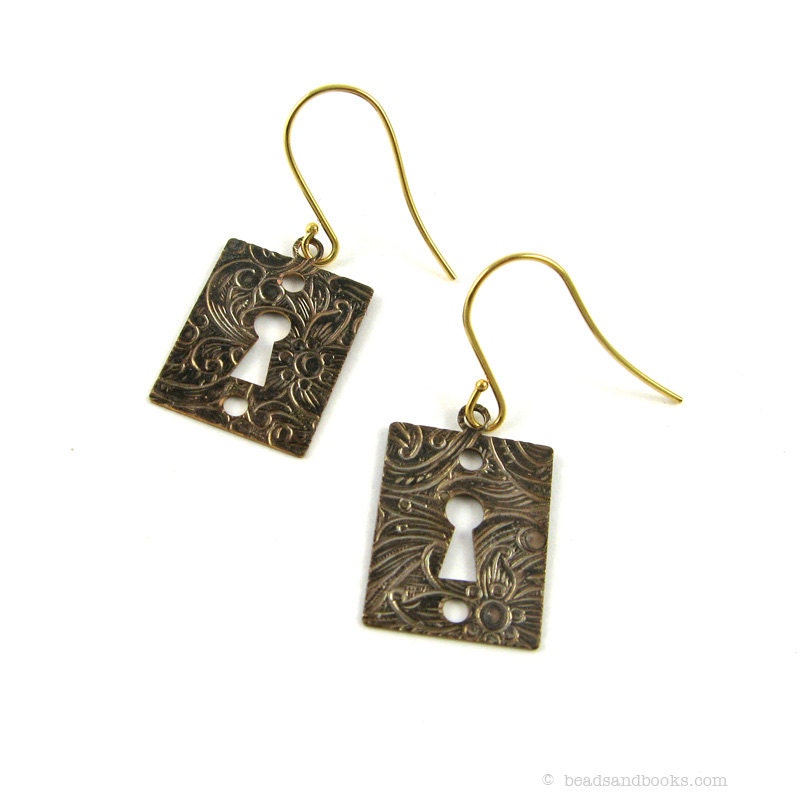 Lock Jewelry (Keyhole Earrings, Victorian, Simple, Everyday, Brown and Gold)