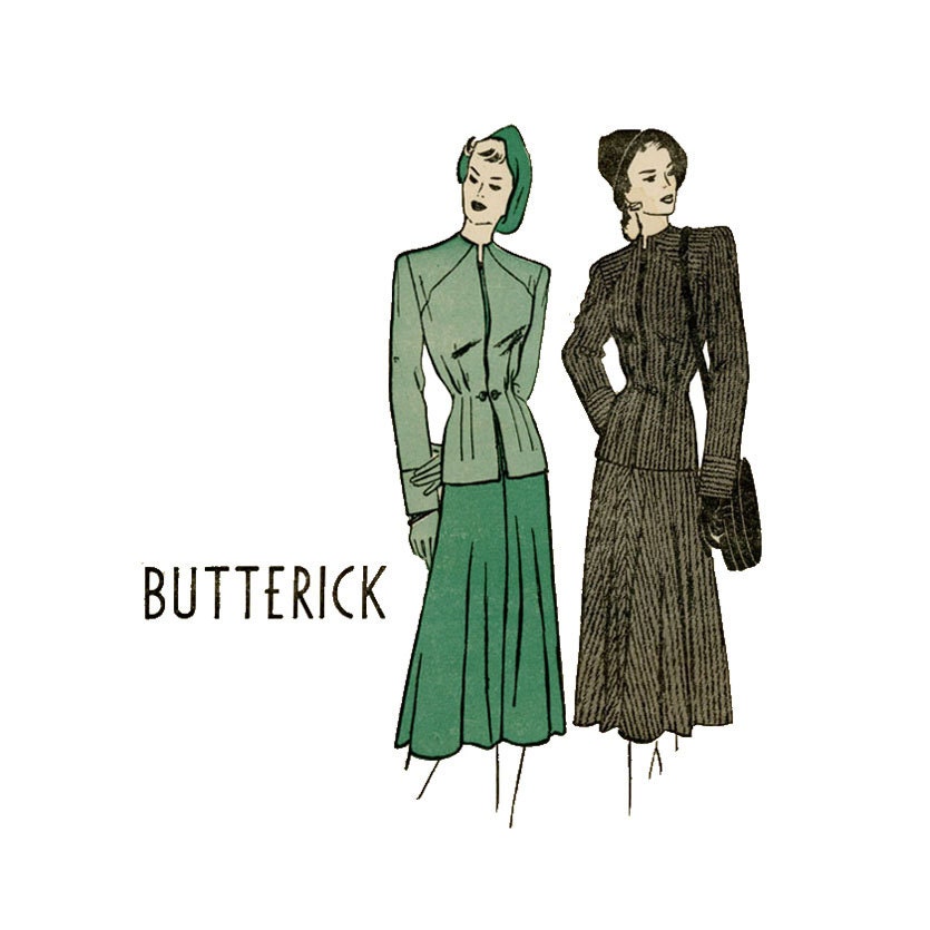 1940s Soft Tailored Suit Pattern Butterick 4455 Bust 30 Womens Vintage Sewing Pattern Fitted Long Sleeve Jacket Flared Gored Skirt